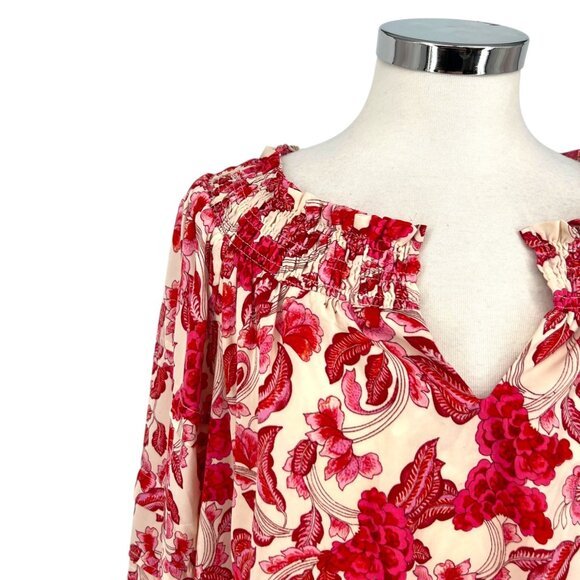 Rose + Olive Floral Smocked Puff Sleeve Blouse Red Pink Ivory Size Large - Picture 3 of 12